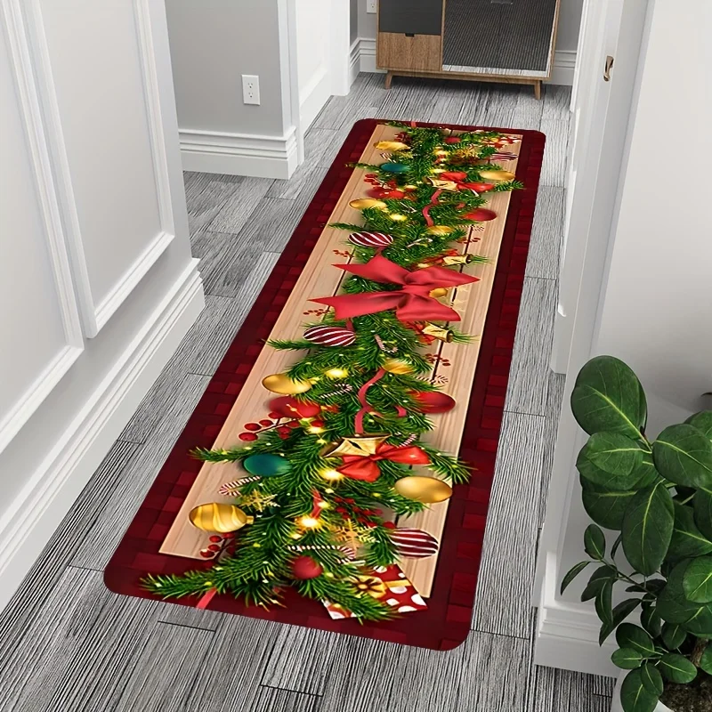 1pc Christmas Holiday Plaid Runner Rug with Holiday Tree, Christmas Ornaments, and Bow Decorative Design, Hallway Runner Rug,