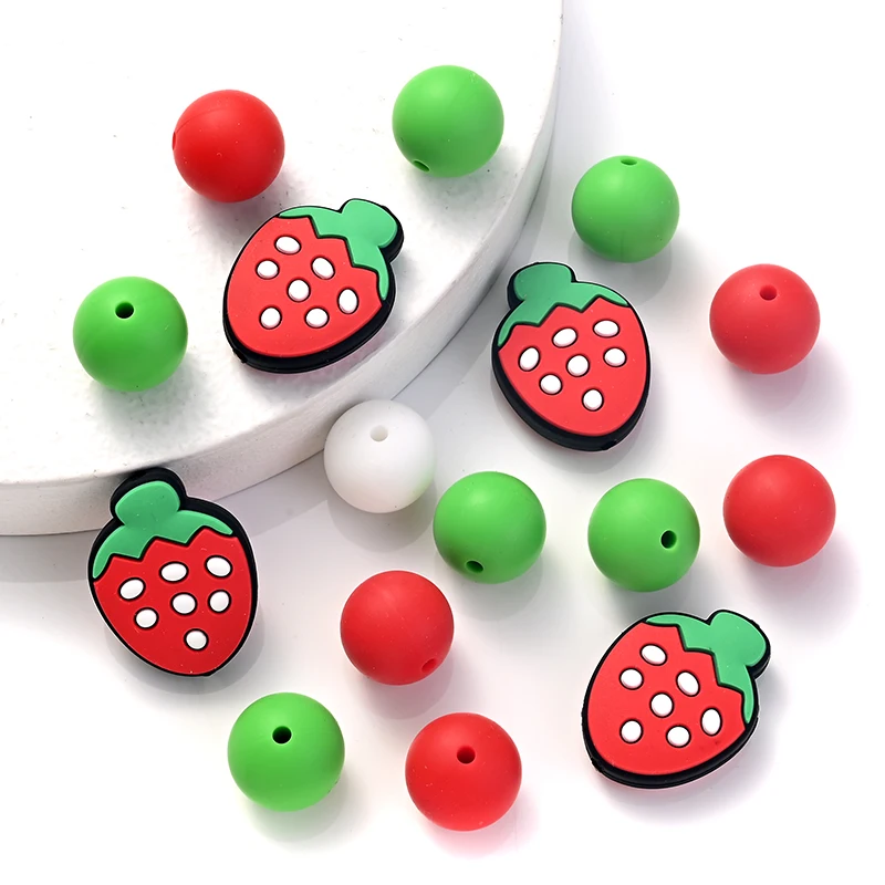 32Pcs Colored 15mm Round Silicone Beads Strawberry Shape Focal Beads Sets For Jewelry Making DIY Keychain Bracelets Accessories