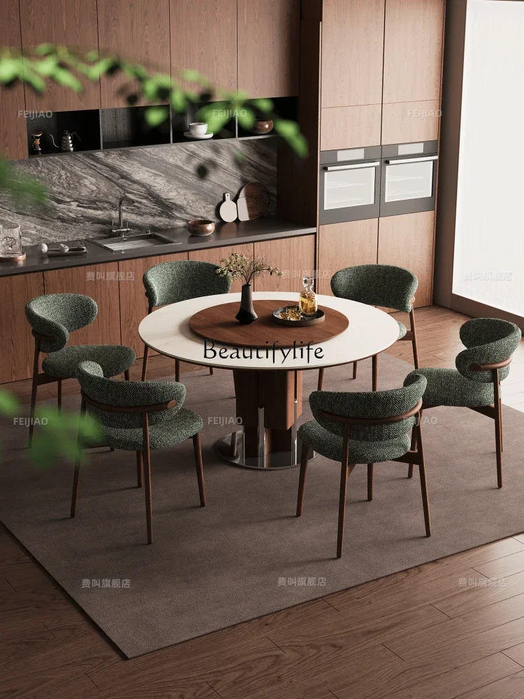 

yj5 French retro solid wood round table with turntable home modern simple travertine rock slab round dining table