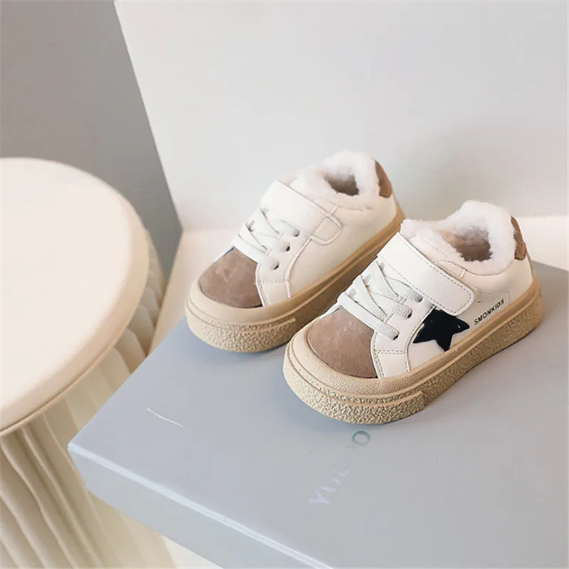 Autumn/Winter Children Casual Shoes Leather Warm Fur Boys Shoes Soft Sole Non-slip Outdoor Tennis Fashion Toddler Girls Sneakers