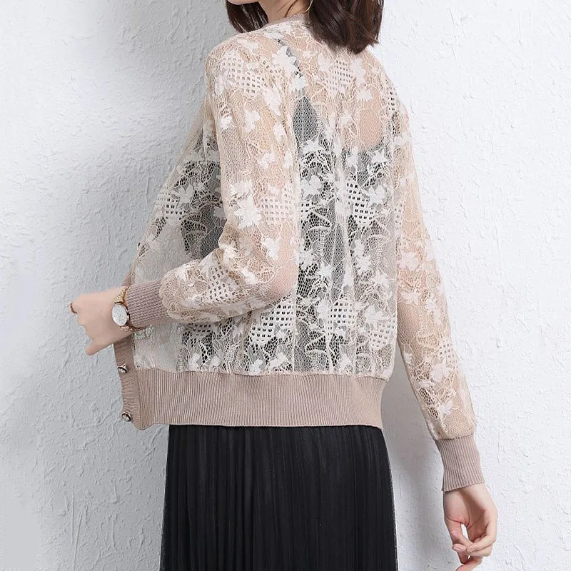 Summer Lace knitted Sunscreen Cardigan Jacket 2024New Women Fashion Mid-Aged Short Shawl Conditioning knitwear Shirt Coat Female