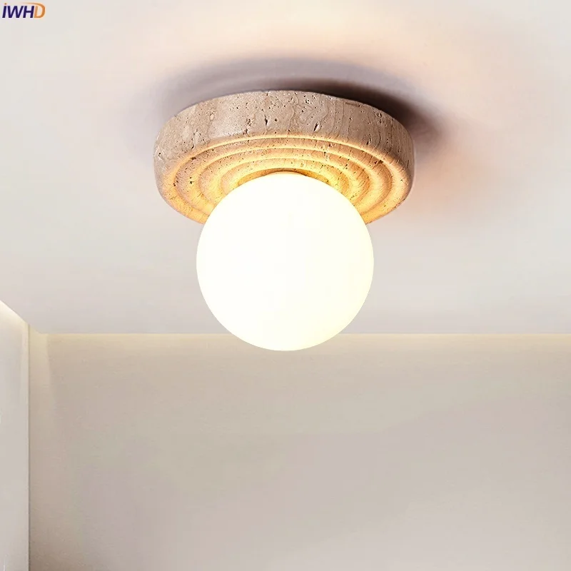 

IWHD Nordic Modern LED Ceiling Lights Decoration Living Room Bedroom Aisle Yellow Travertine White Glass Ceiling Lamp Plafonnier