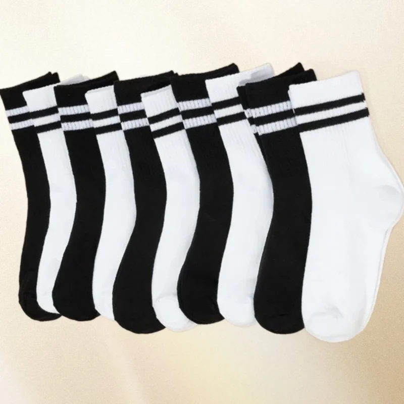 

5/10 Pairs High Quality Women's Cotton Socks High Tube Mid Length Sock Set Women Solid Black White Parallel Bars Popular Socks