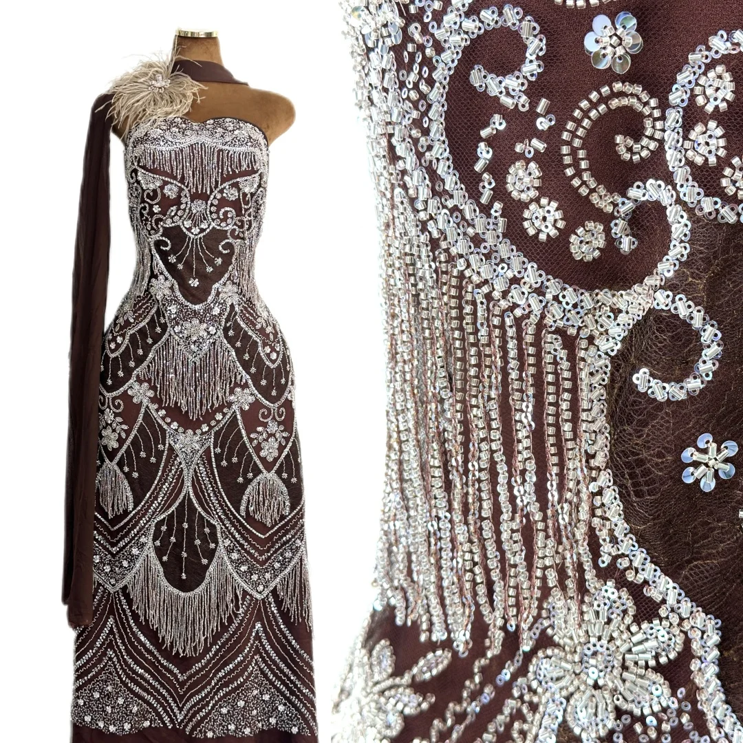 

High Quality Nigerian Sequins Beads Lace Fabric 5Yards Hand Beaded Embroidered French Tulle Net Lace Bridal Wedding Party Sewing
