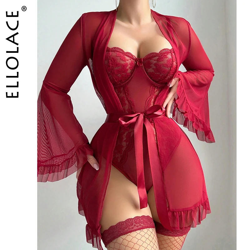 

Ellolace Sissy Sexy Lingerie Sensual Robe Bodysuit 2PC with Fishnet Stockings Elegant Bell Sleeves Lace Teddy Sleepwear