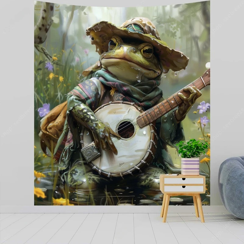 Vintage Boho Frog Tapestry Green Music Plant Floral Wall Tapestry Funny Frog Decor Poster Wall Hanging Hippie Kawaii Room Decor