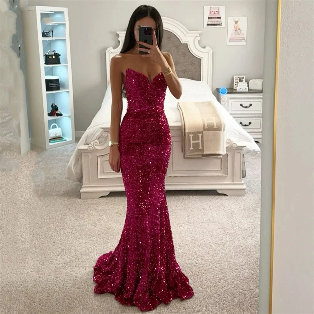 Customized Elegant Mermaid Red Shiny Vestido De Novia Sequins Heart Shaped Neck Prom Dress Sleeveless Graduation Gowns