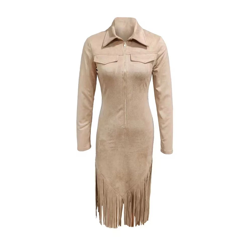 Western Cowgirl Vintage femmes gland tenue décontractée solide revers fermeture éclair manches longues taille haute rétro extérieur femme robes mi-longues