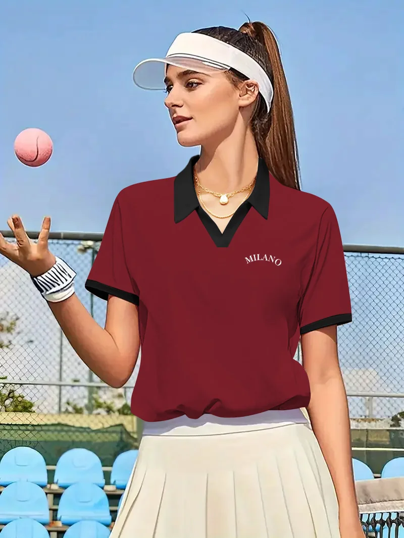 Ladies Contrast Collar Polo Tee, MILANO Letter Print Short Sleeve Casual Sport Top  polo shirt