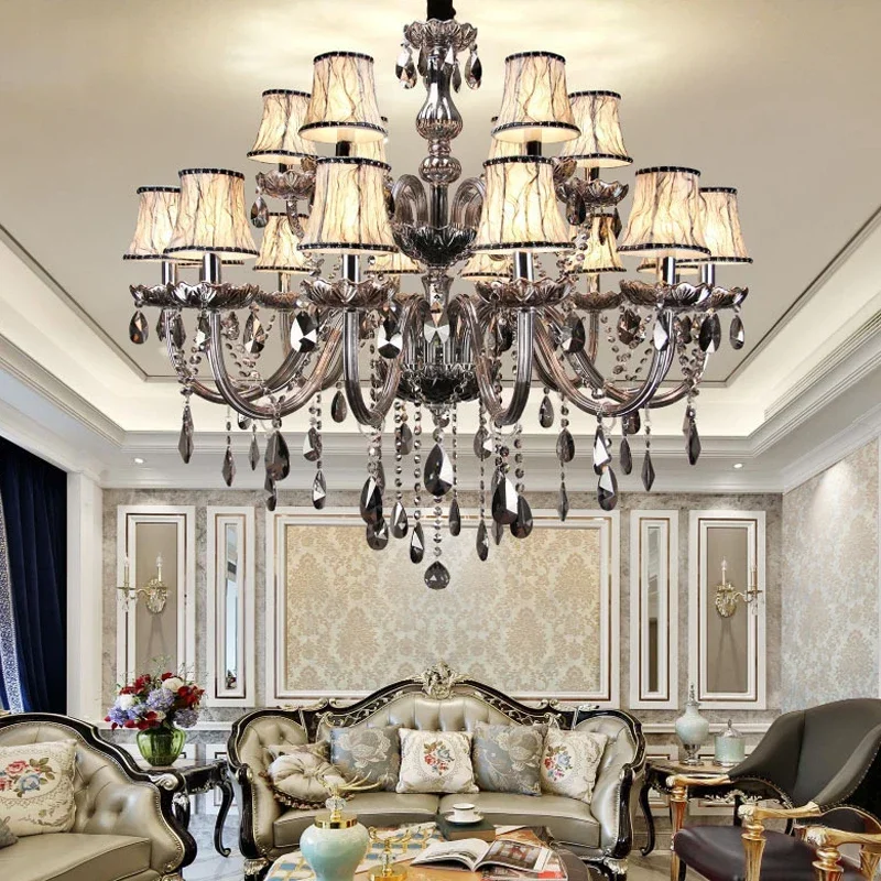 DORIAN européen luxueux cristal suspension lampe fumée gris bougie lampe salon et chambre Restaurant hôtel Villa lustre