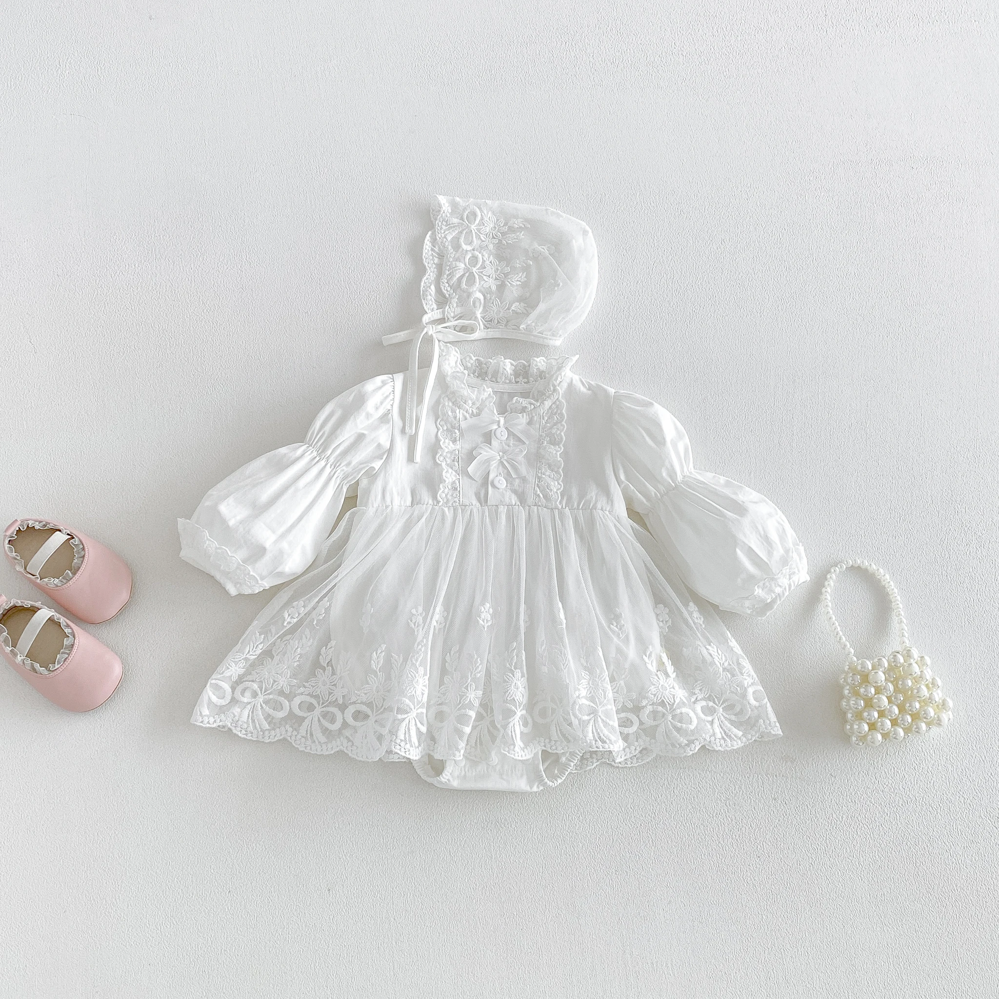 2026 Fall baby Clothing Princess Lace Trim Skirted Romper, Long Sleeve Dress for Spring and Autumn