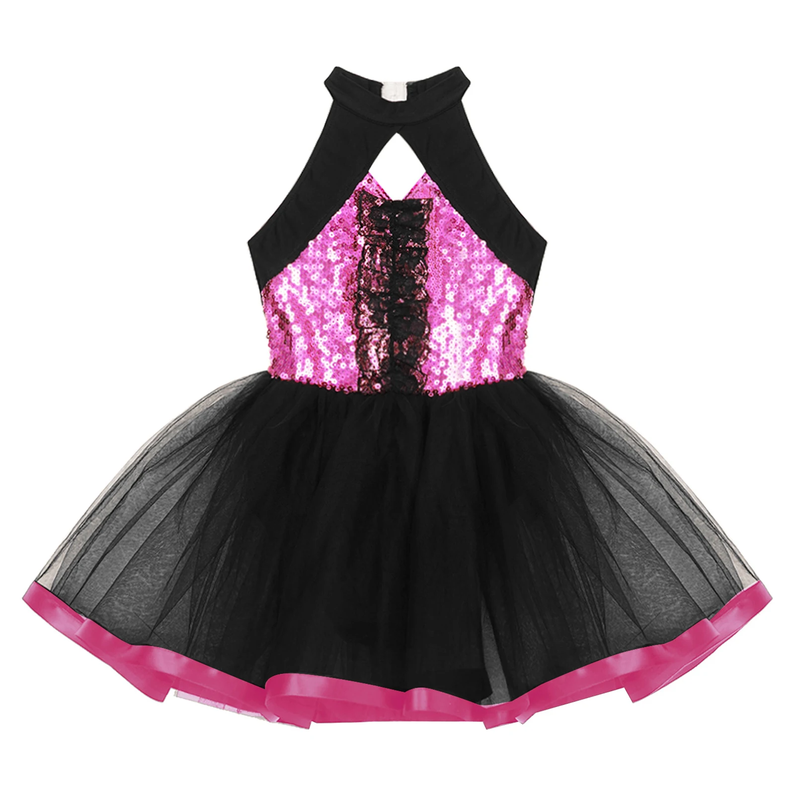 Sleeveless Sequins Ballet Dance Costume Kids Girl Shiny Hollow Back Sheer Mesh Tutu Gymnastics Ice Skating Performance Dancewear