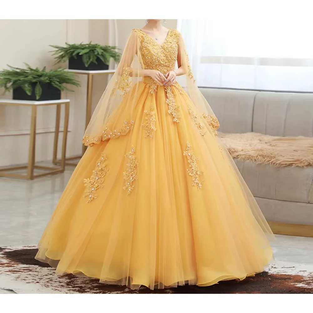 Customized Glamorous V-Neck Yellow Ball Gown Wedding Dress with Cape Sleeves Gold Floral Appliques Bridal Reception Elopement
