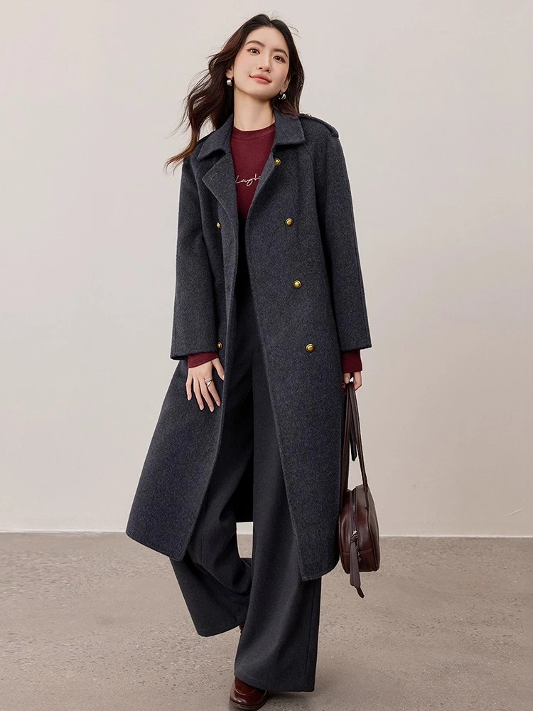 

SENTUBILA Women's Woolen Long Coats Tie Belt Turn-down Jackets Pockets 2025 Autumn Winter Double Side Wool Outerwears W54OC2669