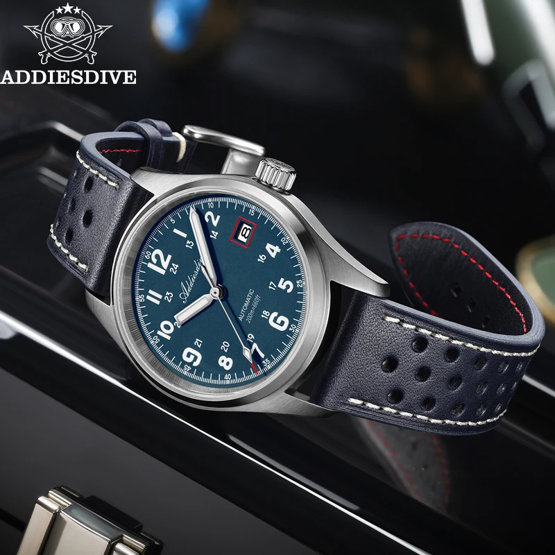 ADDIESDIVE メンズ 自動巻き時計 NH35A 機械式時計 防水 アナログ時計 サファイアガラス BGW9 夜光 レザーストラップ付き