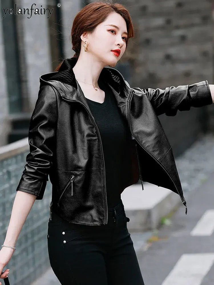 Hooded Genuine Leather Jacket Women Spring 2023 New Top Layer Sheepskin Coat Loose Short Women's Leather Jacket Large Size Trend