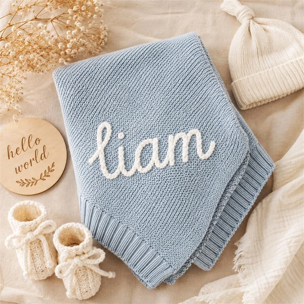 Personalized Custom Name Cord Embroidery Knitted Blanket, Breathable Soft Baby Knit Swaddle for Newborn Nursery Shower Gift