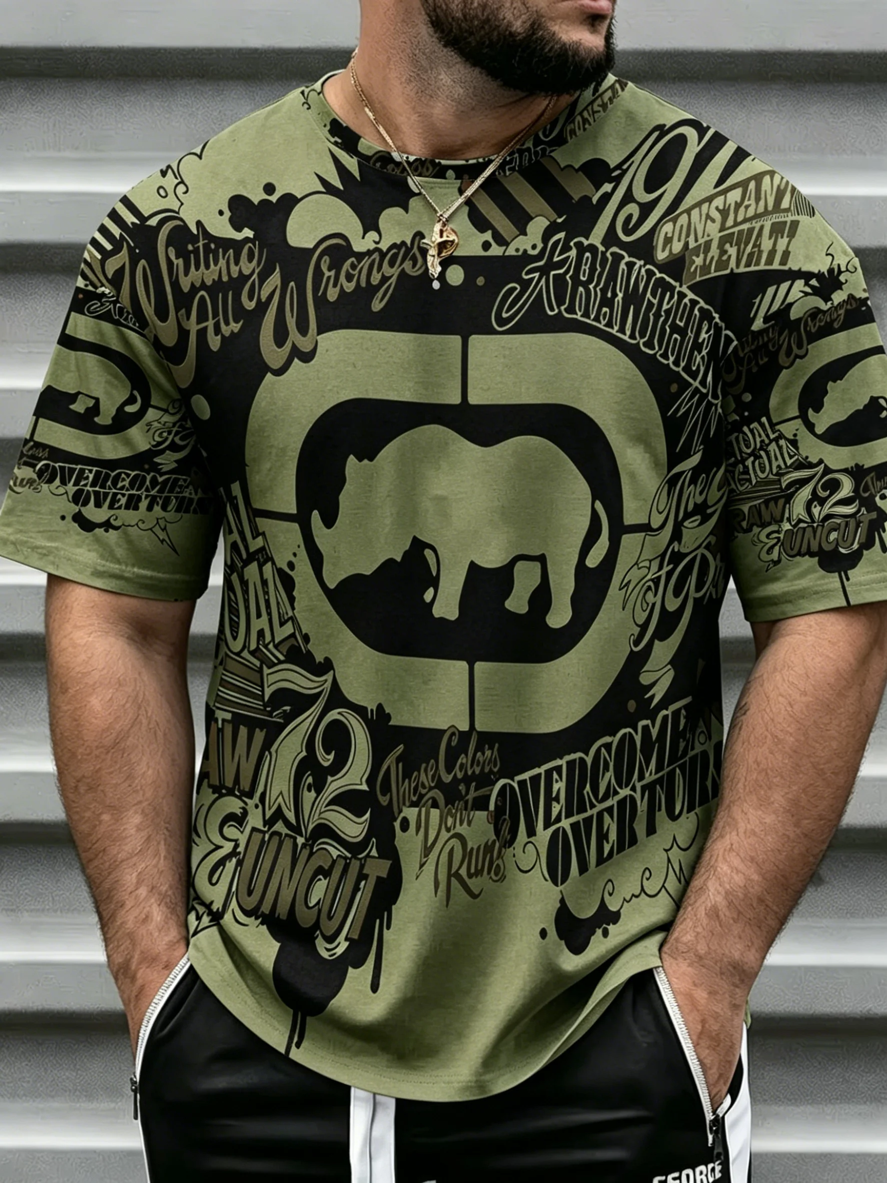 Men's Olive Green Bull Graffiti Full Print T-Shirt Hip Hop Letter Splash Street Crew Neck Tee