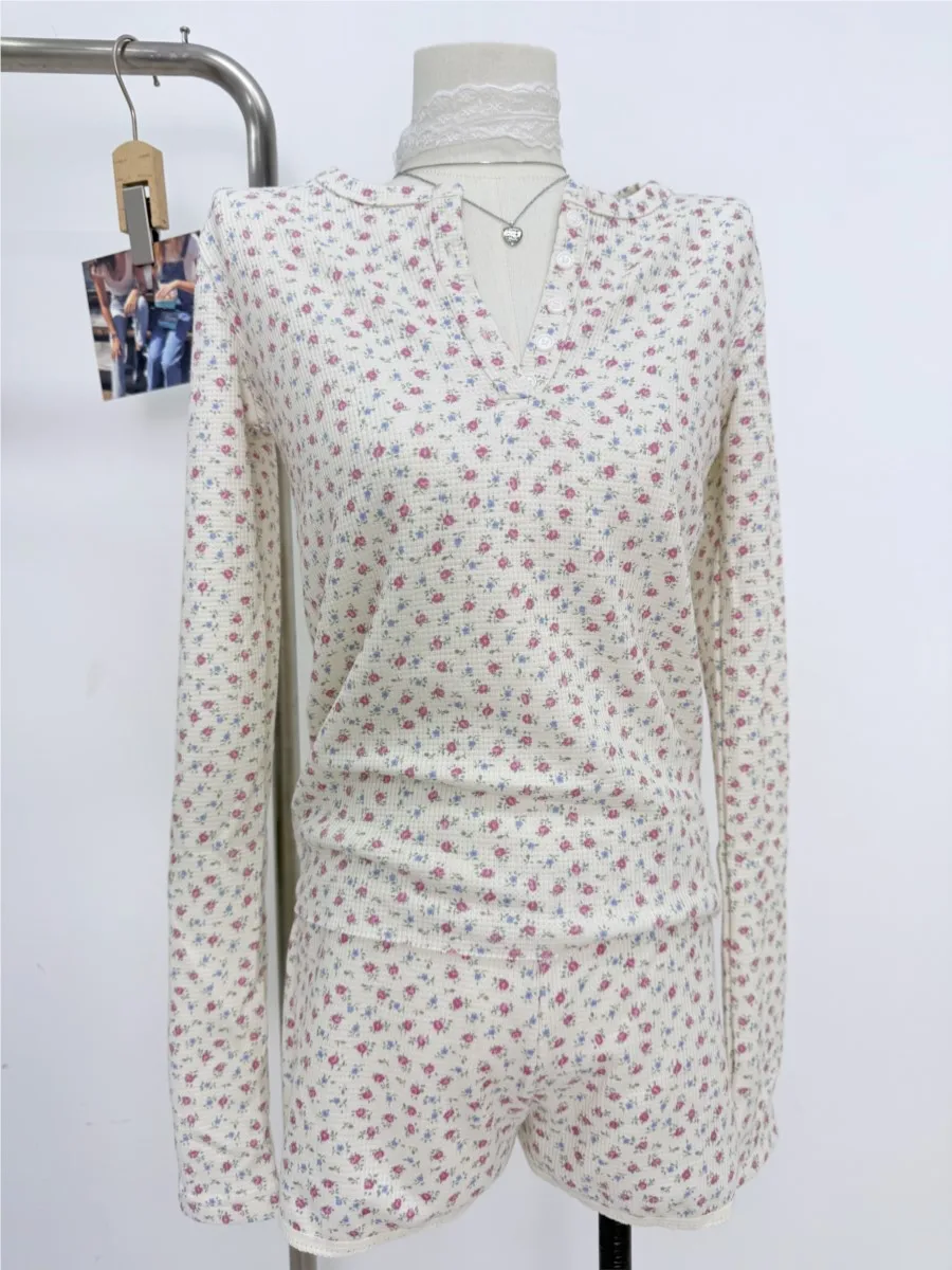 

Sweet Waffle Long Sleeve T-shirt Short Pajama Set Women New Buttons Tees+Lace Trim Short Pants Casual Floral Home 2 Piece Sets