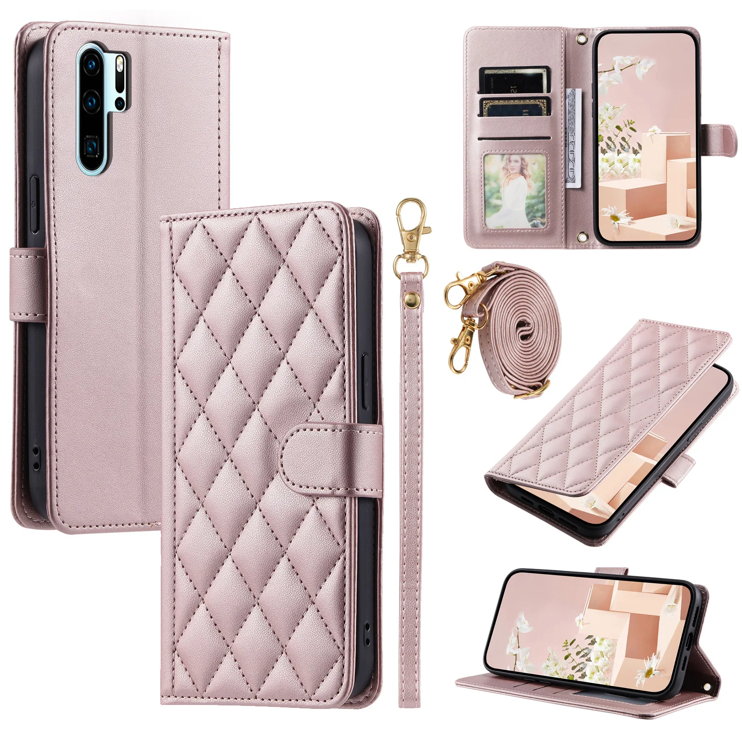 

For Huawei P30 Pro Phone Case Crossbody Back Long Lanyard Silicone Protective Case Flip Leather Case