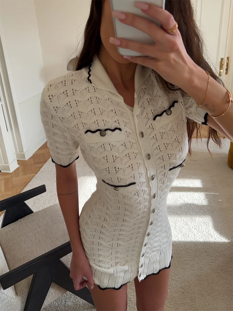 Trendix Summer Elegant Knit Dress For Women Fashion Knitted Hollow Out Cardigan Dresses Button Slim High Waist Party Dresses - Detail 1