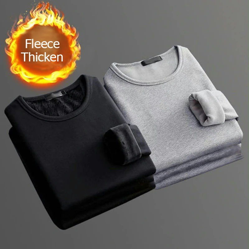 Epligg 1PCS Men's Long-sleeved Winter Thermal Underwear Plus Velvet Padded T-shirt Slim Solid Color O-Neck Bottoming Shirt