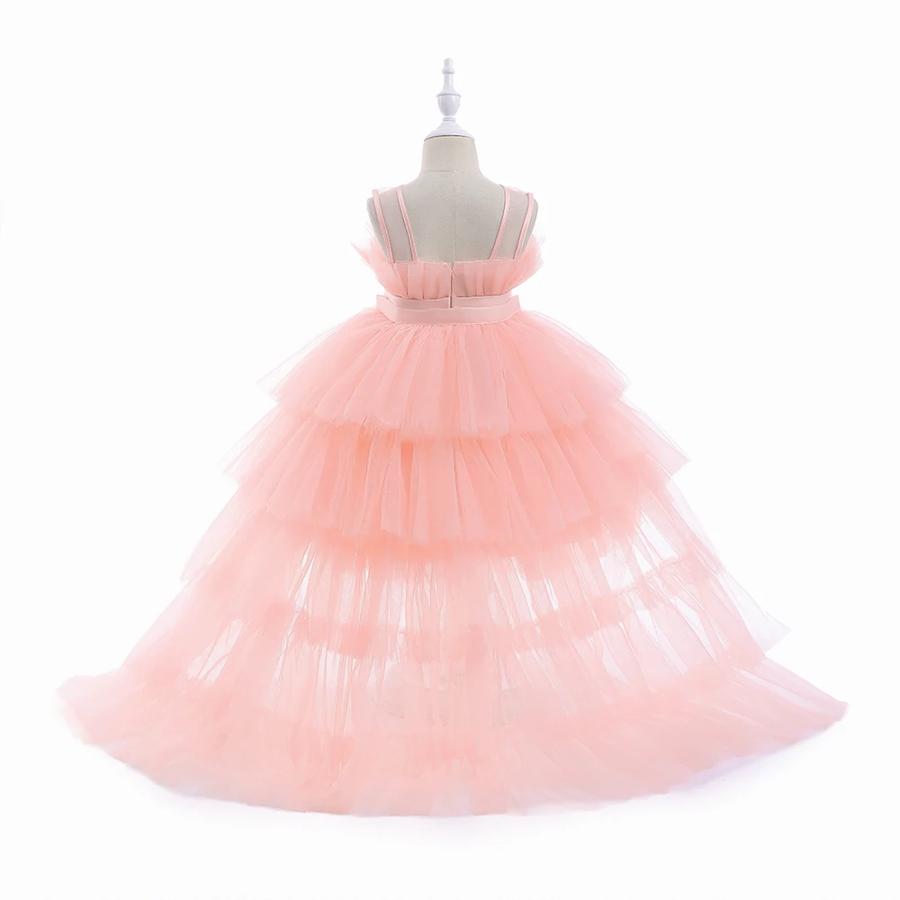 Summer Pink Trailing Lace Baby Girl Dress Toddler 1st Birthday Party Princess Dresses for Girl Formal Puffy Wedding Gown Vestido