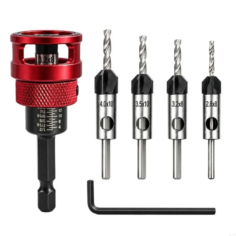 Adjustable Depth Stop Countersink Drill Bit Set with Four Flute Metal Bits for Pilot Holes and Recessed Screws in M4YD