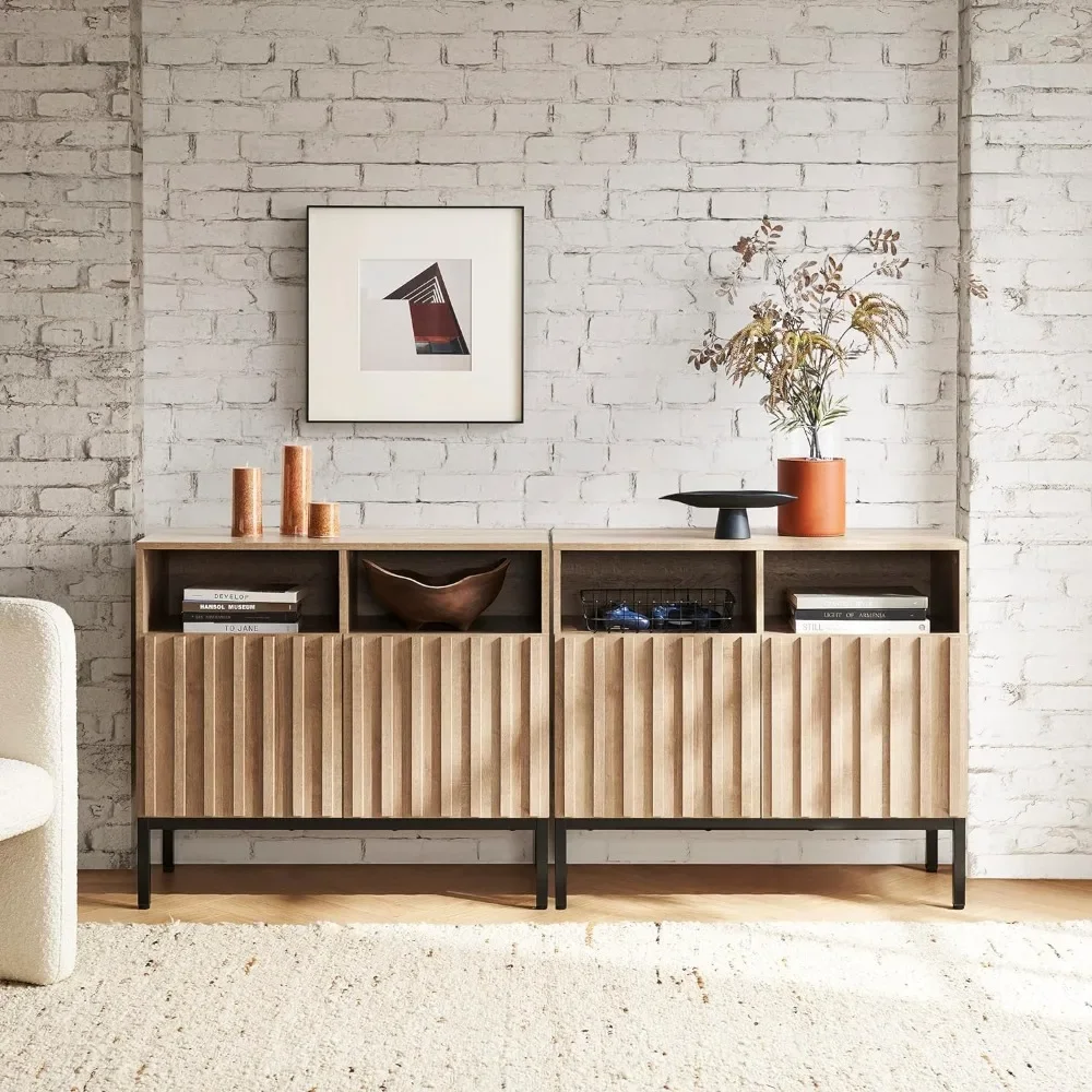 

Storage Cabinet, Modern Rustic Industrial Buffet Sideboard, Fluted Panel Doors, Sturdy Metal Legs with Leveler Oak