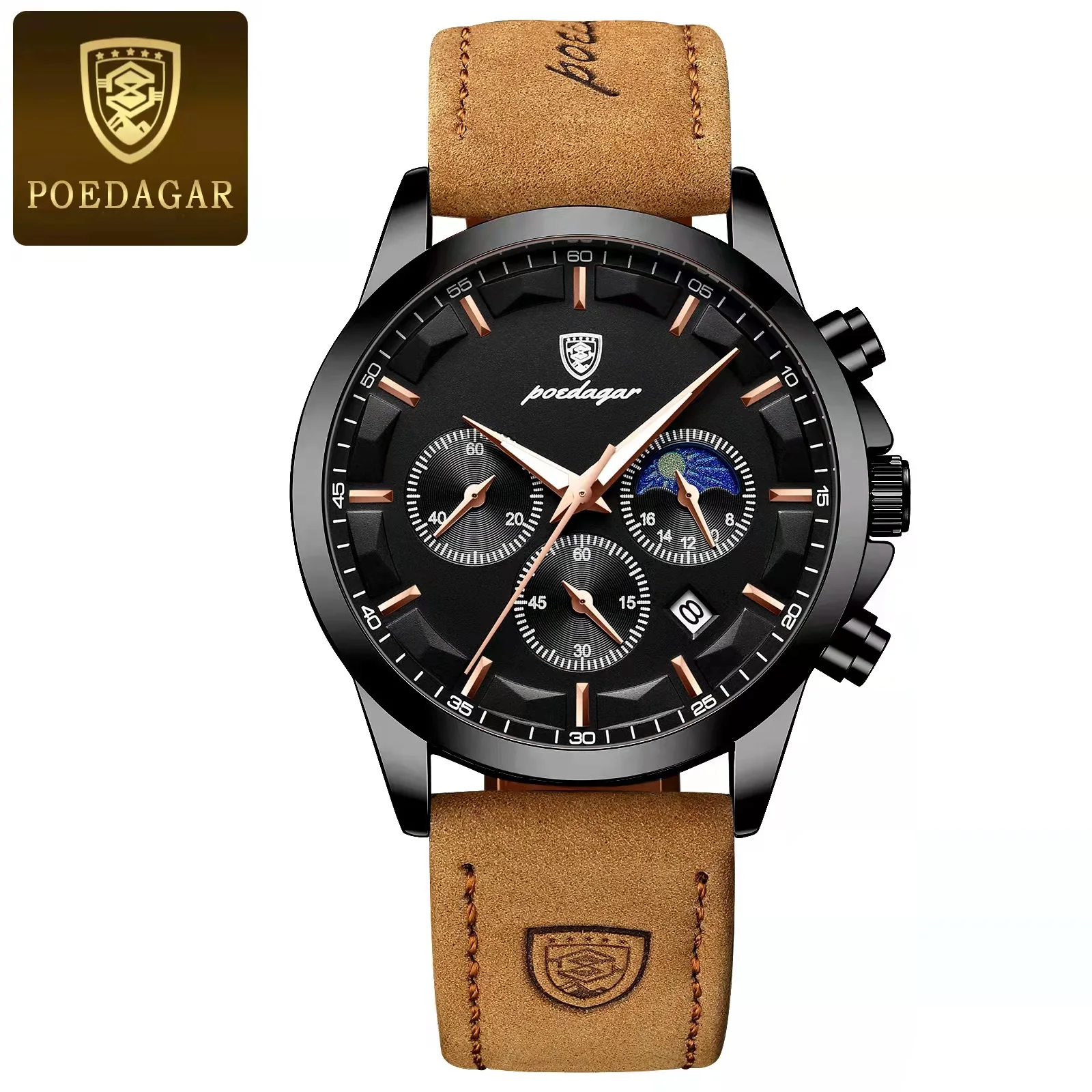 POEDAGAR Sport Luxus Männer Quarzuhr Wasserdicht Chronograph Leucht Datum Mann Armbanduhr Business Leder herren Uhren Uhr 7