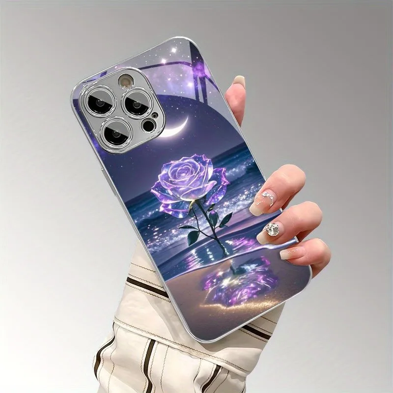 Phone Case for Samsung Galaxy S25 S24 S23 S22 S21 S20 S10 S9 FE Plus Ultra 4G 5G Luxury Glass Cover Purple Seaside Rose Pattern