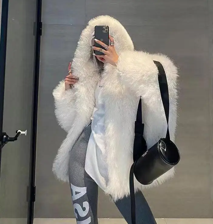 winter 2024 new Korean version of fox fur imitation fur coat women's medium length Internet red fried street hooded fur coat