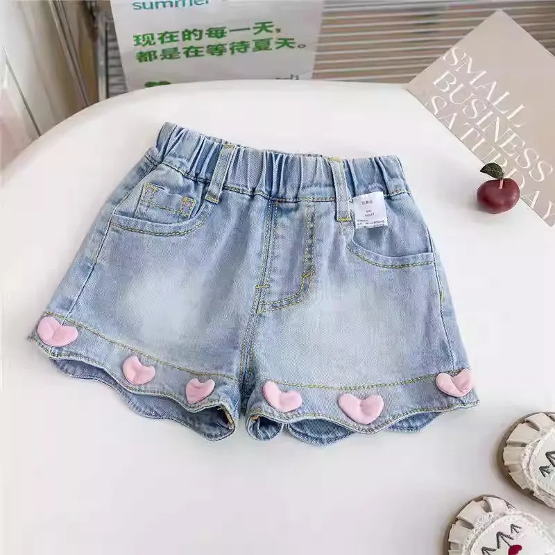 

Summer Korean-Style Cute Denim Shorts for Girls – 3D Heart & Ruffle Hem Design, Casual Kids Pants for Daily Wear & Outings