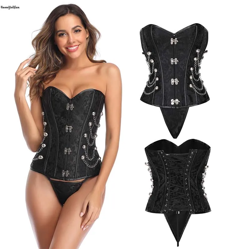 

Claps&Chain Decoration Fashion Halloween Costume Lace Bandage Bustier Floral Jacquard 12 Steel Bone Corset Top Body Shapewear