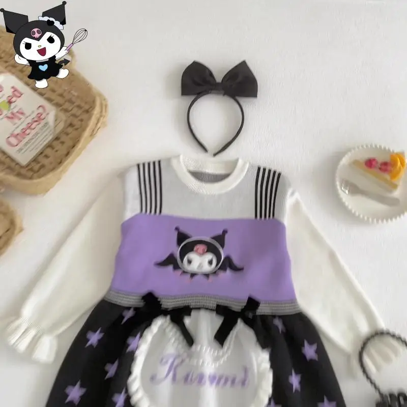 حار سانريو كورومي فستان محبوك Kawaii الخريف والشتاء الكرتون موضة طالب ملابس الأطفال غير رسمية لوليتا كاذبة قطعتين #2