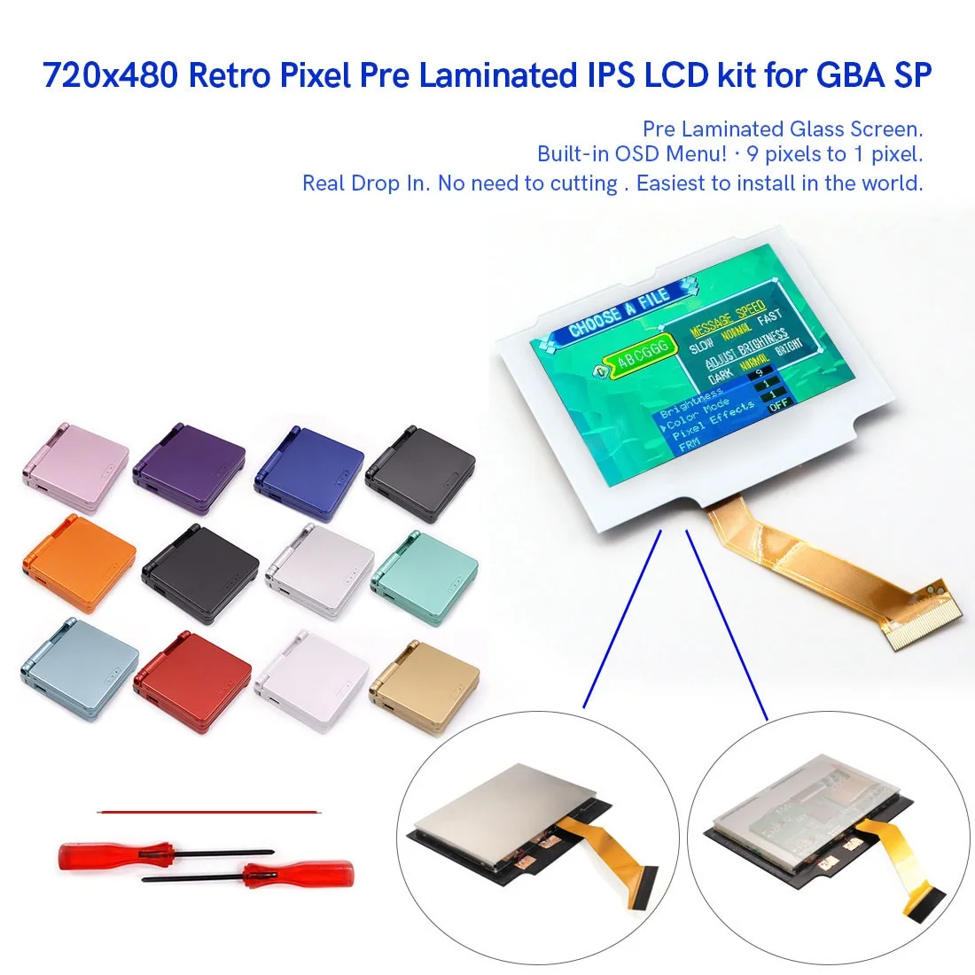 

Retro Pixel Backlight White Pre Laminated 720x480 V5 Drop In IPS LCD For GBA SP Console Replace For GBA SP LCD