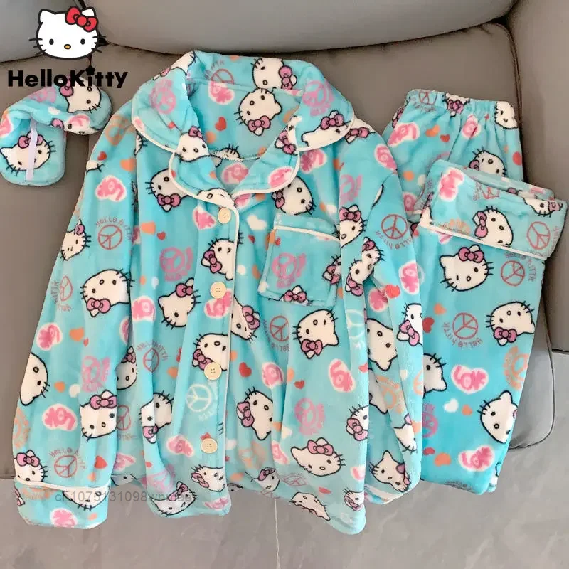 Sanrio Cute Hello Kitty Coral Fleece Plush Pajamas Set Women\'s Autumn and Winter Pijama Thickened Flannel Home Furry Set Clothes