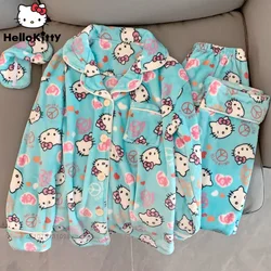 Sanrio Cute Hello Kitty Coral Fleece Plush Pajamas Set Women's Autumn and Winter Pijama Thickened Flannel Home Furry Set Clothes