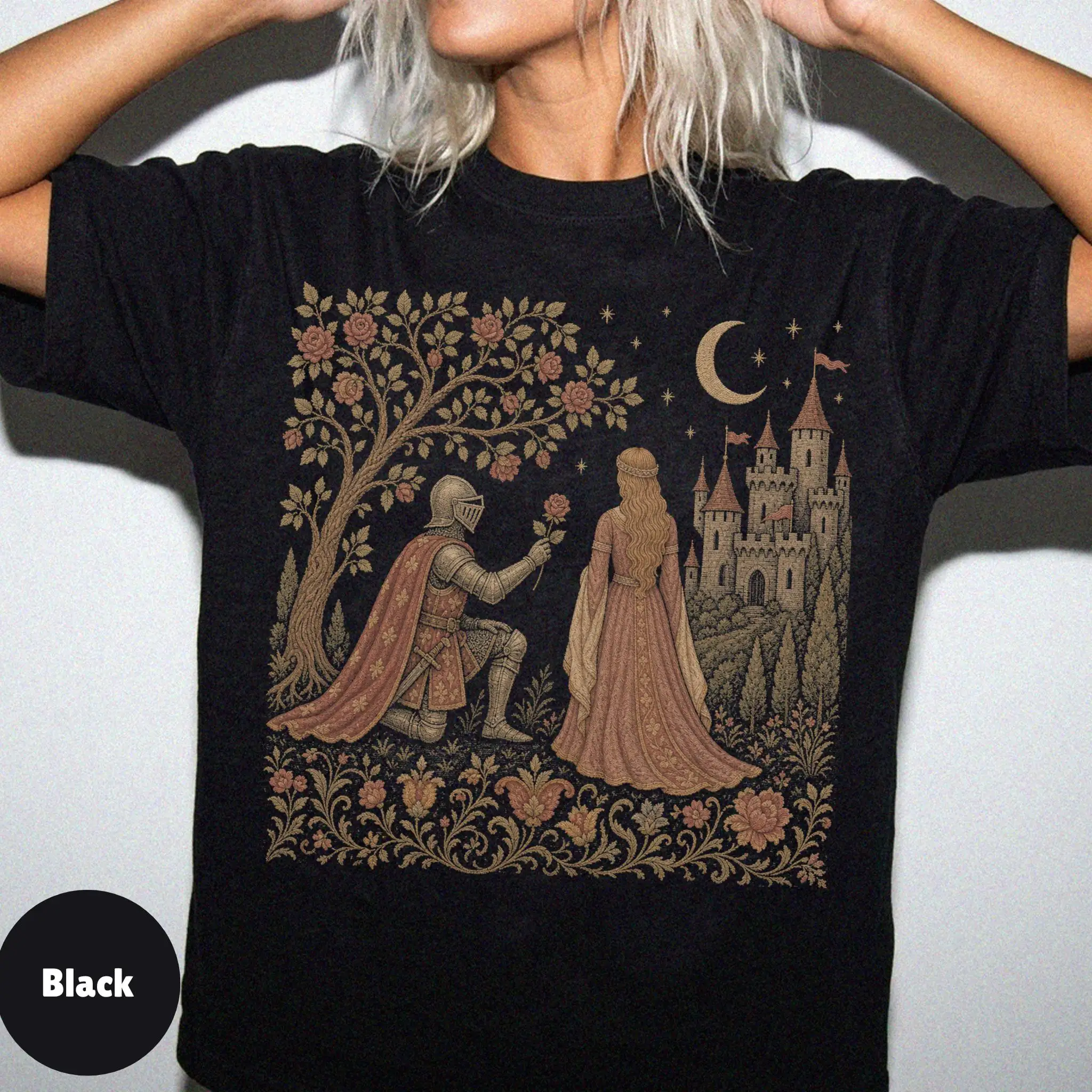 Dark Fantasy Knight Princess T-Shirt, Gothic Romance Castle Graphic Tee
