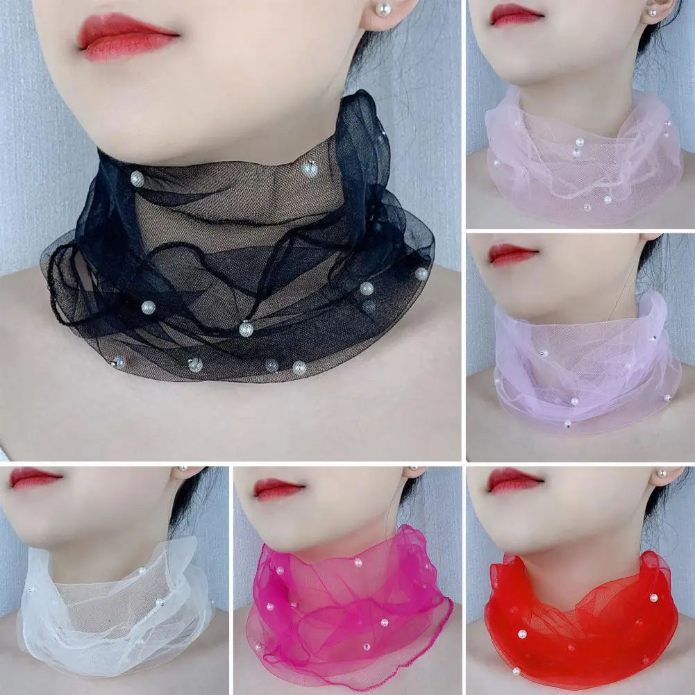Szalik damski Jednokolorowy kołnierz na szyję Faux Pearls Decor Elastyczny szalik koronkowy z organzy Elegancki wielofunkcyjny elastyczny szalik na szyję
