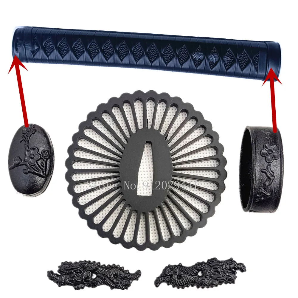 

Набор из черной стали Tsuba + Menuki + Fuchi + КАШИРА для катаны, японского самурайского меча вакидзаси Танто, металлическая фурнитура «сделай сам»