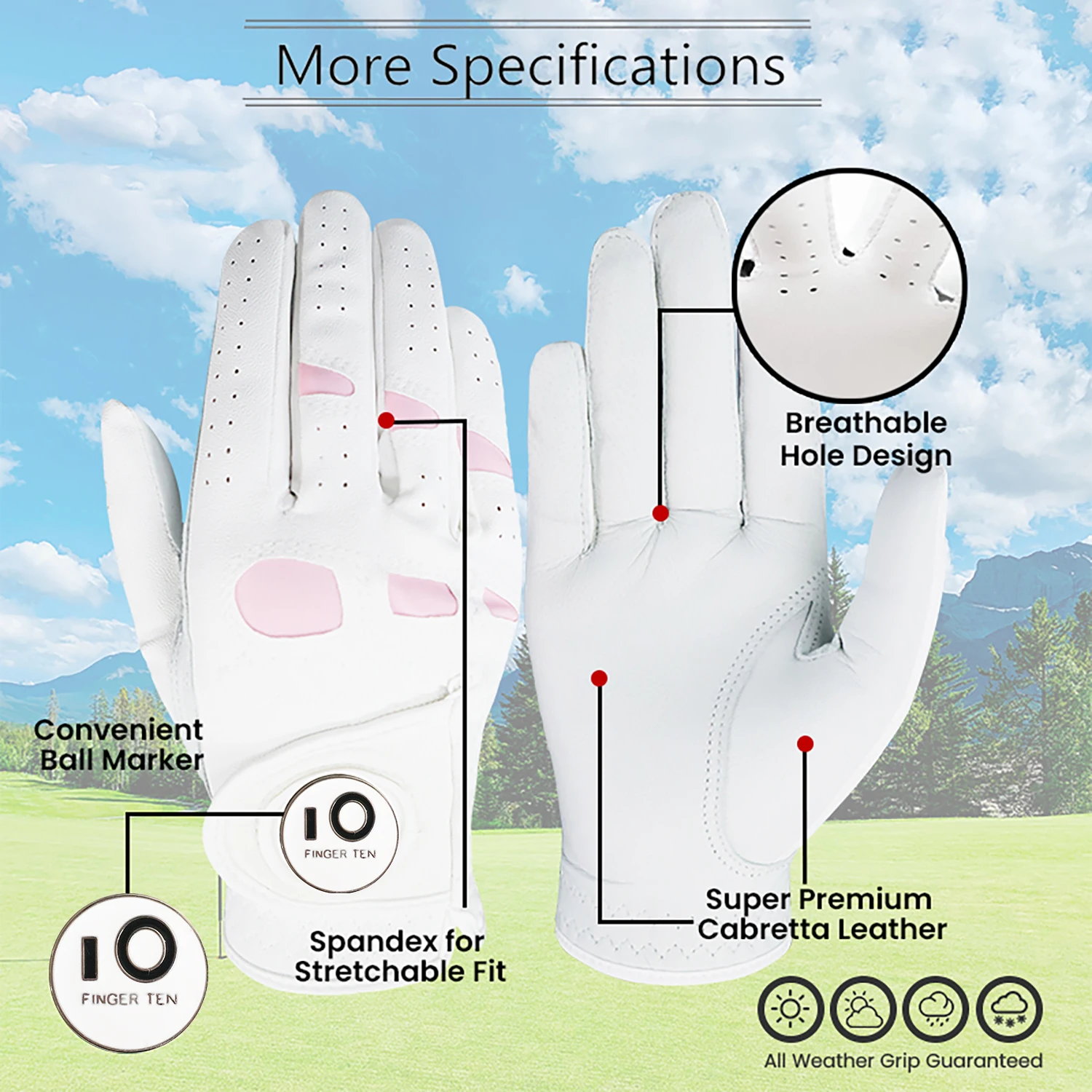 FINGER TEN Women Leather Golf Glove with Ball Marker Extra Grip 1 Pack, Left Right Hand Fit Ladies Girls