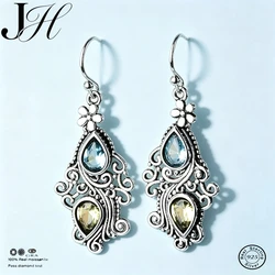 JoiasHome 925 Earrings Vintage Ethnic Blue Sea Topaz Creative Passion Flower Water Drop Pear Shaped Earrings