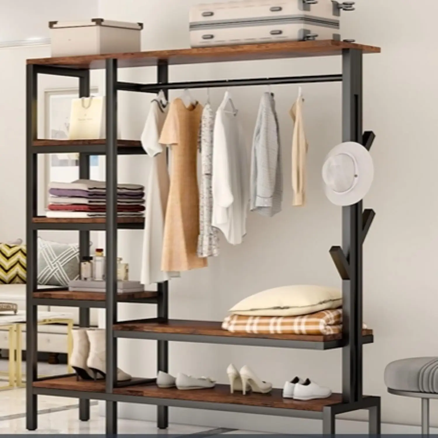 650lbs Capacity Heavy Duty Clothing Rack with Shelves Freestanding Closet Organizer with Hooks Metal Wardrobe Closet Or