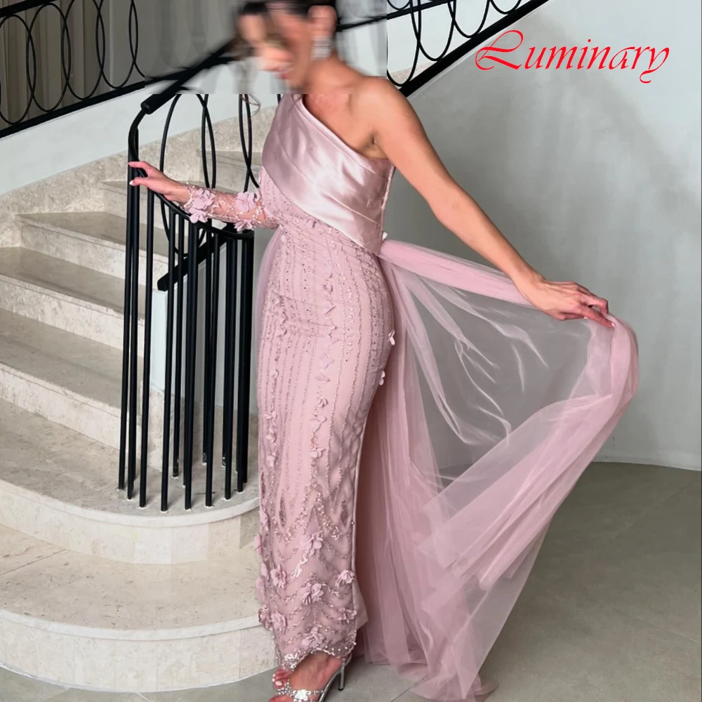 Gaun Malam Satu Bahu Mewah Kustom Gaun Prom Lengan Panjang Indah Gaun Acara Khusus Tulle Temperamen