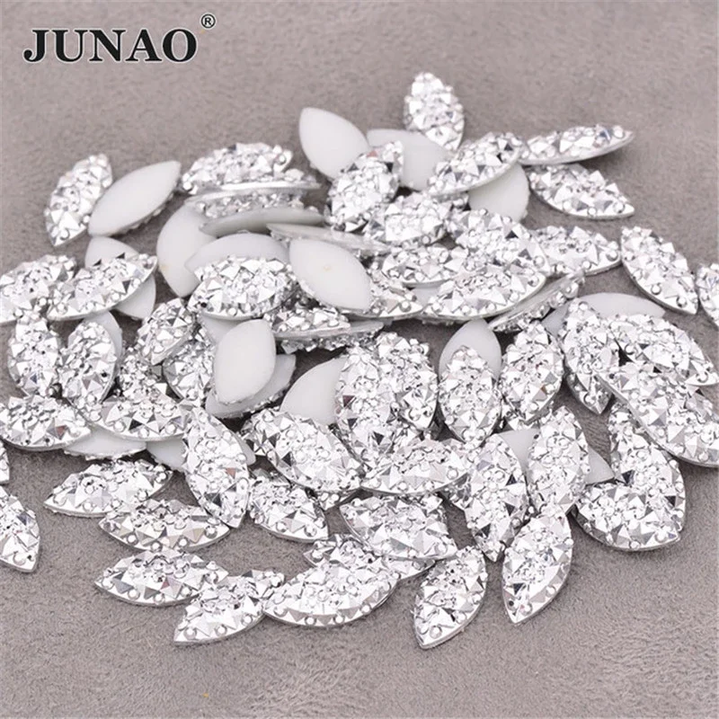 JUNAO 100 sztuk 7x15mm srebrne kryształki górskie aplikacje Flatback kryształowe naklejki Non Hotfix Strass diament dla rzemiosła