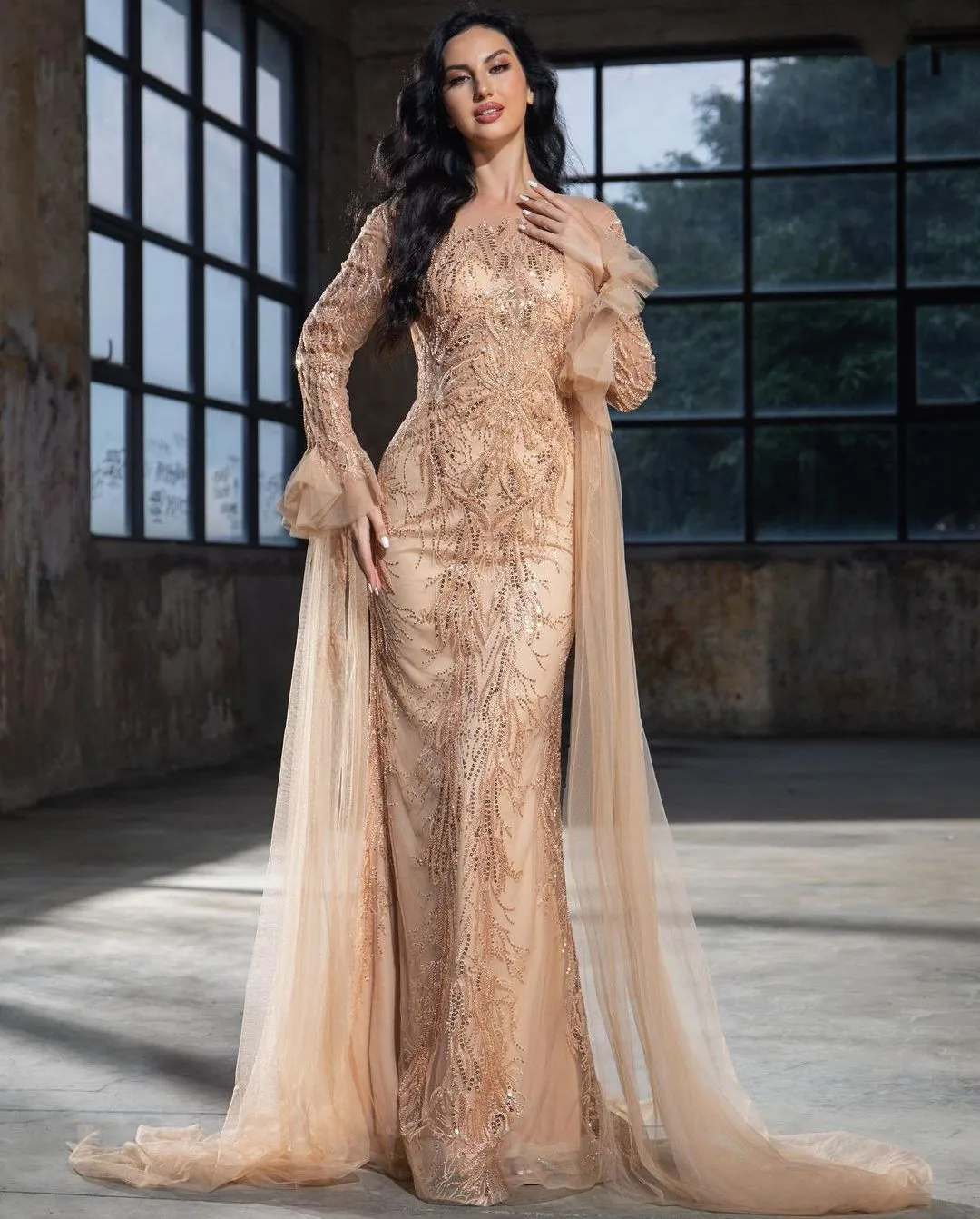 Champagne Mermaid Evening Dresses Long Sleeves High Neck Appliques Beads 3D Lace Sequins Zipper Prom Dresses Gowns Custom Made