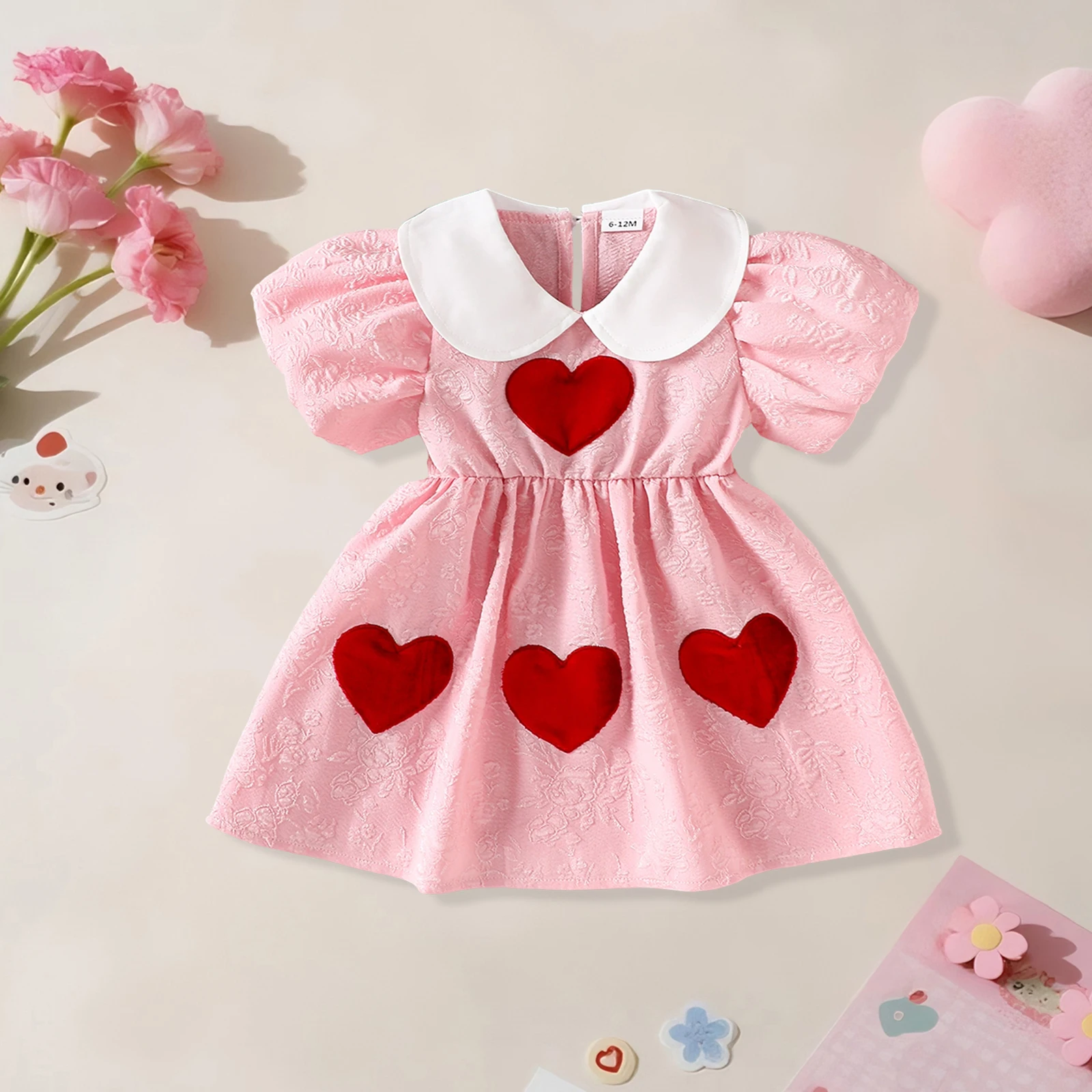 Summer Kids Toddler Girl A Line Dress Short Puff Sleeve Doll Collar Heart Embroidery Dress Clothes