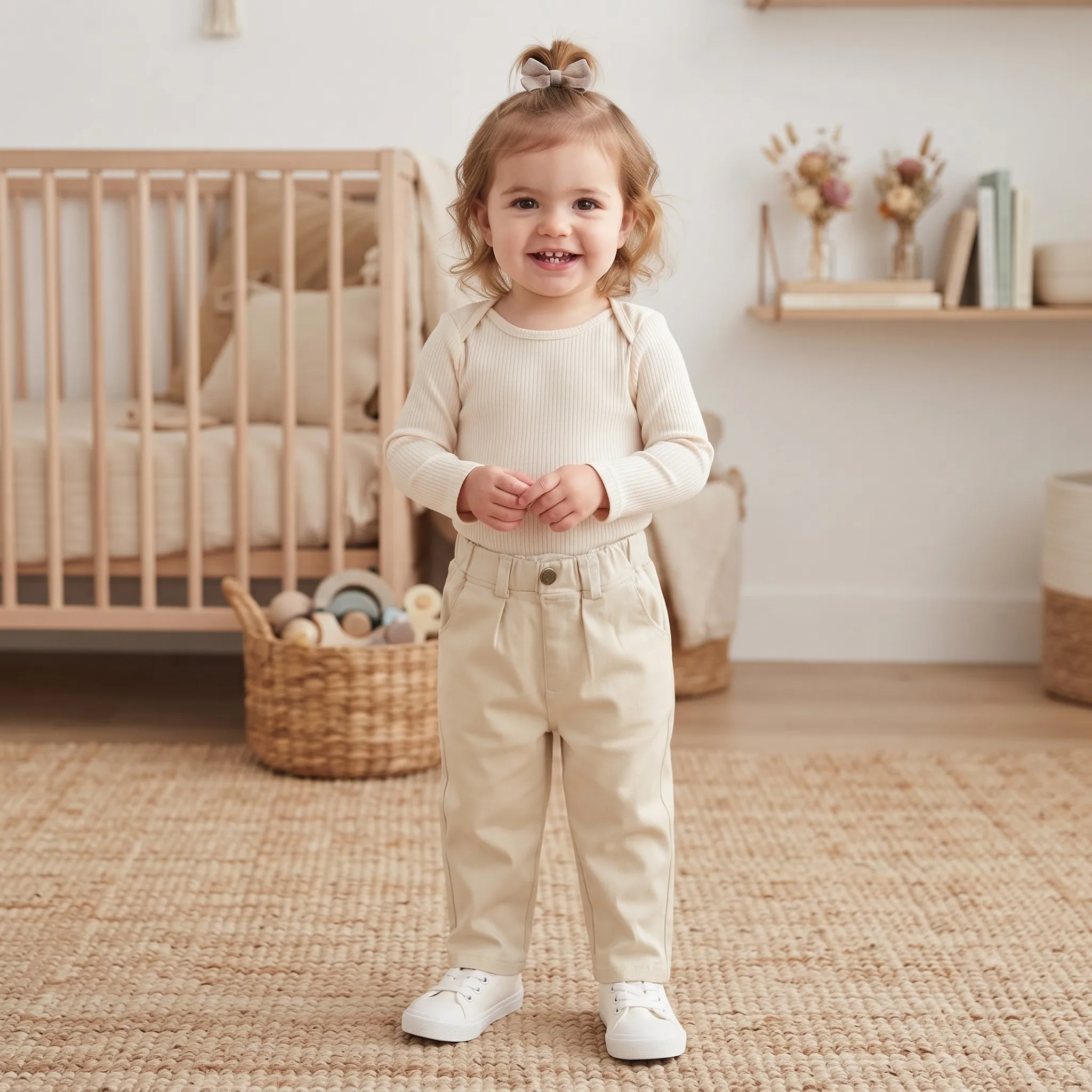 Girls Vintage Casual Long Pants, Baby Elastic Waist Fake Button Decor Pocket Straight Trousers, Beige Coffee 2 Colors
