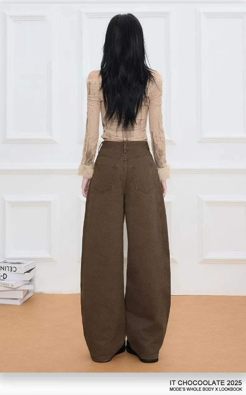 Celana jeans coklat melengkung bergaya retro Amerika yang serbaguna dan baru, cocok untuk pria dan wanita, celana longgar berkaki lebar bergaya Y2k Harajuku